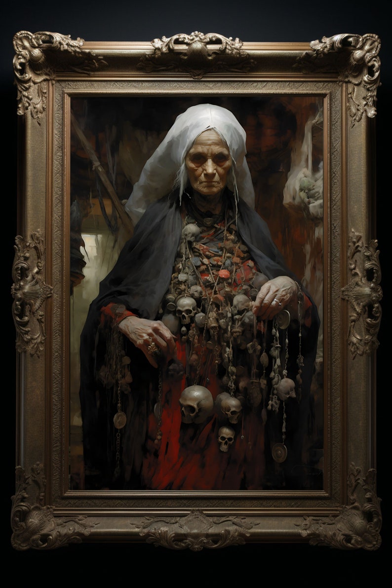 May include: A painting of an elderly woman wearing a white head covering and a black robe. She is adorned with a necklace of skulls and other charms. The painting is framed in a gold frame.