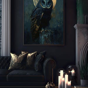 May include: A dark blue and gold owl perched on a wooden post in front of a full moon. The owl is looking directly at the viewer. The background is a dark blue and green forest.