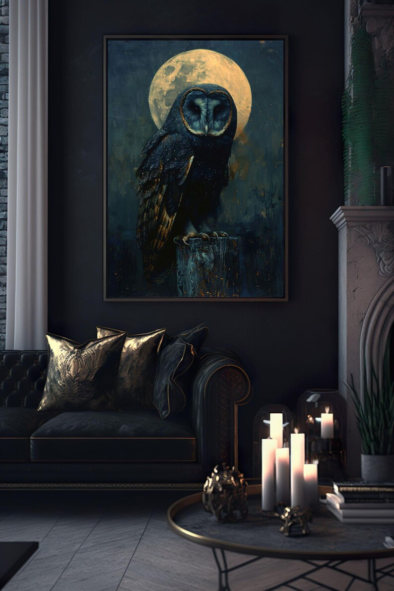 May include: A dark blue and gold owl perched on a wooden post in front of a full moon. The owl is looking directly at the viewer. The background is a dark blue and green forest.