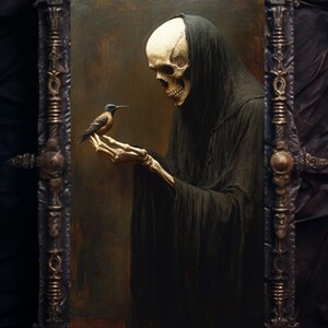 May include: A painting of a skeletal figure in a black robe holding a small bird in its hand. The figure is looking at the bird, which is perched on its outstretched hand. The painting is framed in a dark, ornate frame.