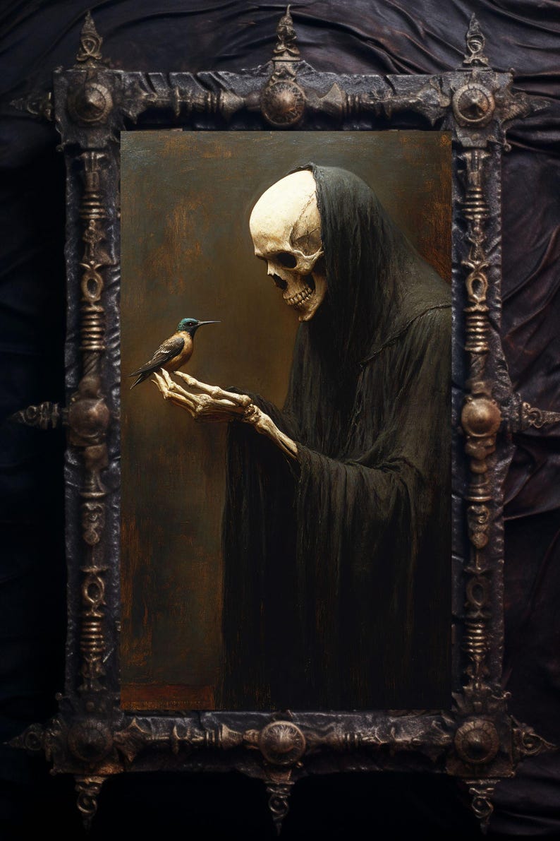 May include: A painting of a skeletal figure in a black robe holding a small bird in its hand. The figure is looking at the bird, which is perched on its outstretched hand. The painting is framed in a dark, ornate frame.