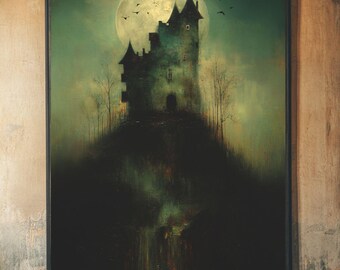Haunted Castle Art Print: Gothic Halloween Full Moon Wall Decor