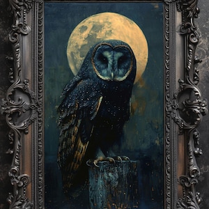 A framed painting of a barn owl perched on a wooden post with a large, full moon in the background. The owl is facing the viewer and has a dark blue and black plumage with yellow accents. The moon is a pale yellow color and is partially obscured by clouds. The painting is set against a dark blue background.