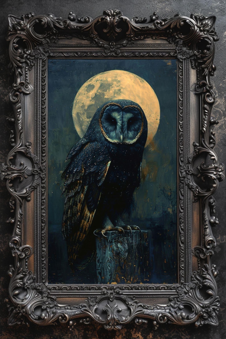 A framed painting of a barn owl perched on a wooden post with a large, full moon in the background. The owl is facing the viewer and has a dark blue and black plumage with yellow accents. The moon is a pale yellow color and is partially obscured by clouds. The painting is set against a dark blue background.
