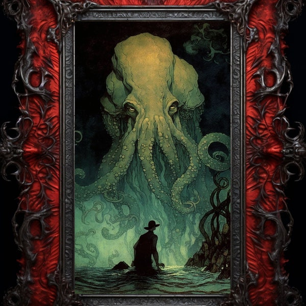 Call of Cthulhu Digital Print Wall Hanging Home Decor Lovecraft Cosmic Horror Old Ones Science Fiction Cephalopod Octopus Squid Terror