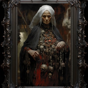 May include: A painting of an elderly woman wearing a white head covering and a black robe. She is adorned with a large amount of jewelry, including skulls and other charms. The painting is framed in a dark, ornate frame.