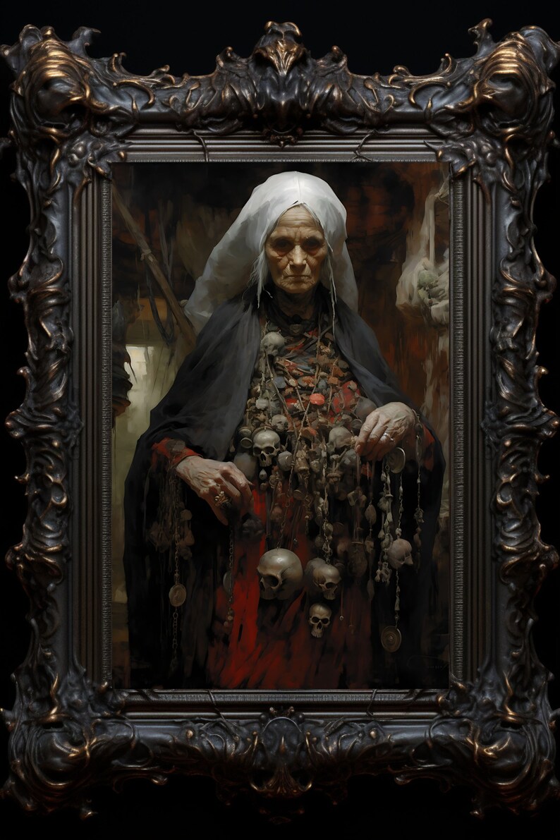 May include: A painting of an elderly woman wearing a white head covering and a black robe. She is adorned with a large amount of jewelry, including skulls and other charms. The painting is framed in a dark, ornate frame.