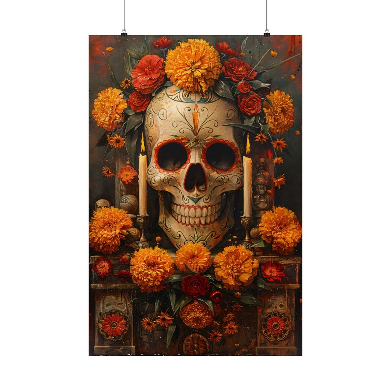 Dia De Muertos Art Print: Sugar Skull, Marigold Ofrenda Decor Bild 3