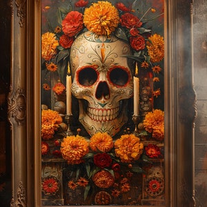 K&ouml;nnte beinhalten: Gerahmtes Kunstwerk mit einem verzierten Totenkopf, umgeben von orangefarbenen Ringelblumen und roten Rosen. Zwei brennende Kerzen flankieren den Sch&auml;del. Das Kunstwerk hat ein Tag der Toten-Thema.