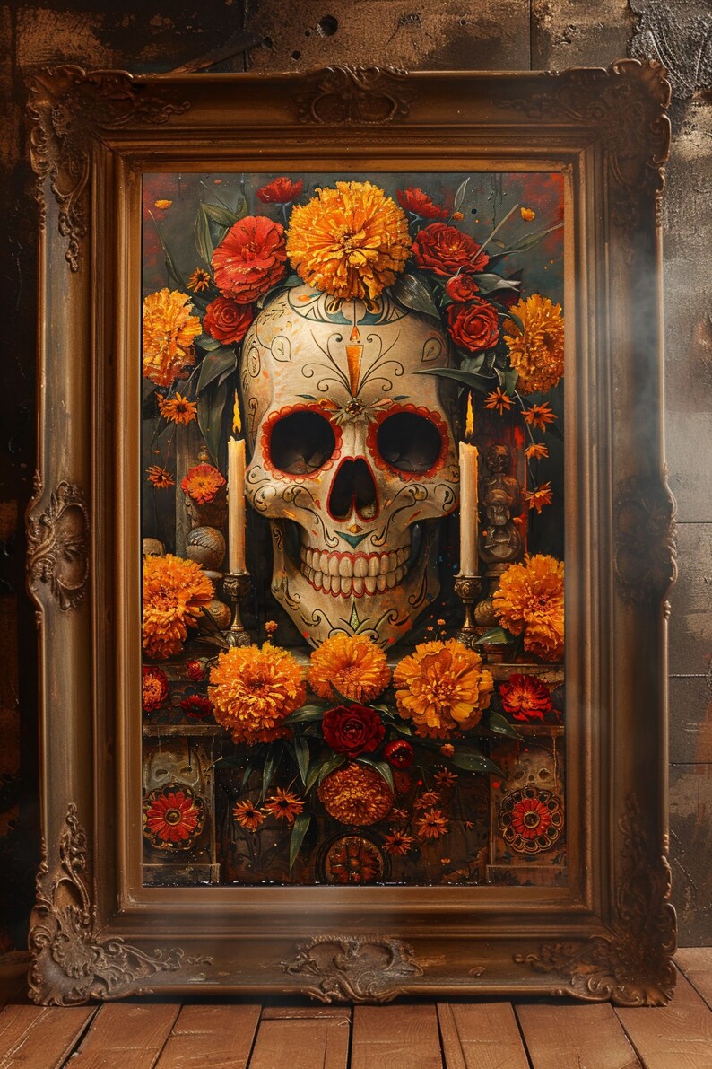 K&ouml;nnte beinhalten: Gerahmtes Kunstwerk mit einem verzierten Totenkopf, umgeben von orangefarbenen Ringelblumen und roten Rosen. Zwei brennende Kerzen flankieren den Sch&auml;del. Das Kunstwerk hat ein Tag der Toten-Thema.