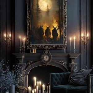 May include: A dark, moody living room with a fireplace and a large framed painting of a forest scene with three figures. The painting is set against a dark blue wall and the fireplace is decorated with candles.