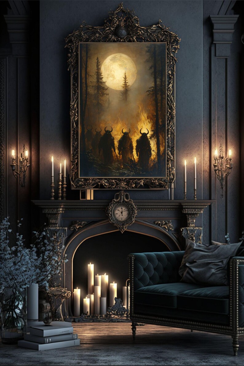 May include: A dark, moody living room with a fireplace and a large framed painting of a forest scene with three figures. The painting is set against a dark blue wall and the fireplace is decorated with candles.