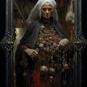 May include: A painting of an elderly woman wearing a white head covering and a black robe. She is adorned with a large amount of jewelry, including skulls and other charms. The painting is framed in a dark wood frame.