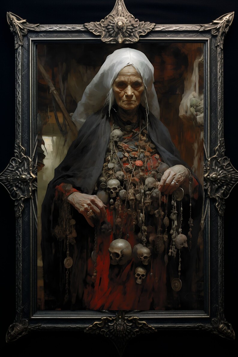 May include: A painting of an elderly woman wearing a white head covering and a black robe. She is adorned with a large amount of jewelry, including skulls and other charms. The painting is framed in a dark wood frame.