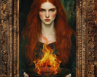 May include: A woman with long, flowing red hair holds a bowl with a flame inside. The bowl is dark and the flames are orange and yellow. The woman is wearing a dark green dress and has a serious expression on her face. The image is framed in a dark, ornate frame.