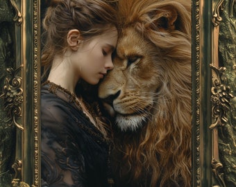 May include: A woman with long brown hair is leaning her head against a lion's head. The lion has a long, flowing mane and is looking at the woman. The woman and the lion are both in a dark, ornate frame.