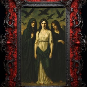 May include: A painting of three women standing in front of a dark background with crows flying overhead. The woman in the center is wearing a white dress with a green overdress. The women on either side are wearing dark robes.