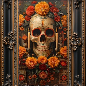 K&ouml;nnte beinhalten: Gerahmtes Kunstwerk mit einem verzierten Totenkopf, umgeben von orangefarbenen Ringelblumen und roten Rosen. Zwei brennende Kerzen flankieren den Sch&auml;del. Der verzierte Rahmen ist schwarz mit goldenen Akzenten, im Stil des D&iacute;a de los Muertos.