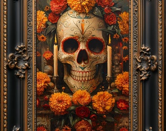 Dia De Muertos Art Print: Sugar Skull, Marigold Ofrenda Decor