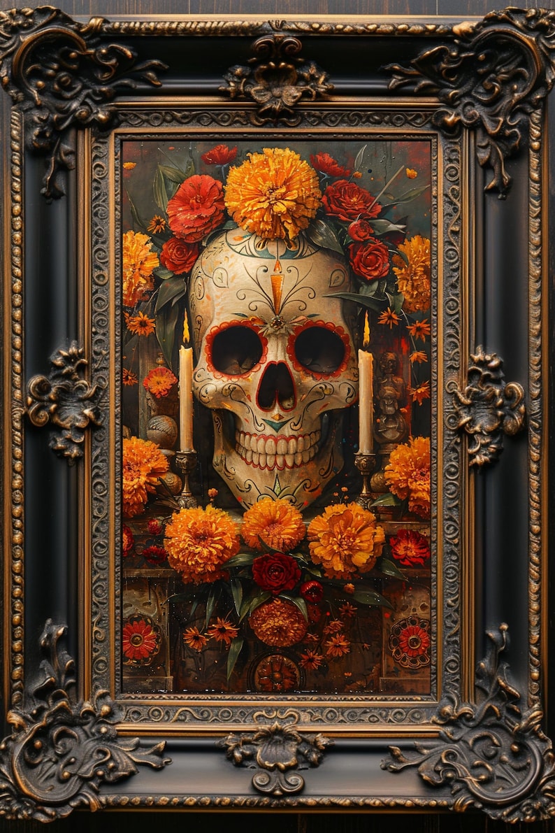 K&ouml;nnte beinhalten: Gerahmtes Kunstwerk mit einem verzierten Totenkopf, umgeben von orangefarbenen Ringelblumen und roten Rosen. Zwei brennende Kerzen flankieren den Sch&auml;del. Der verzierte Rahmen ist schwarz mit goldenen Akzenten, im Stil des D&iacute;a de los Muertos.