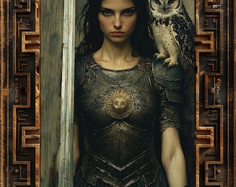 Athena Art Print: Greek Goddess Mythology and Owl Companion