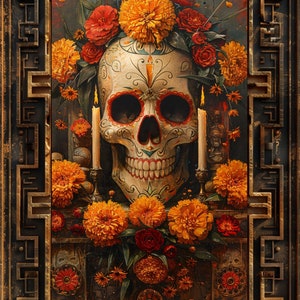 K&ouml;nnte beinhalten: Ein Kunstwerk zum Thema Tag der Toten mit einem verzierten Totenkopf, umgeben von orangefarbenen Ringelblumen und roten Rosen. Zwei brennende Kerzen flankieren den Totenkopf. Das Kunstwerk ist in einem dunklen, verzierten Rahmen.