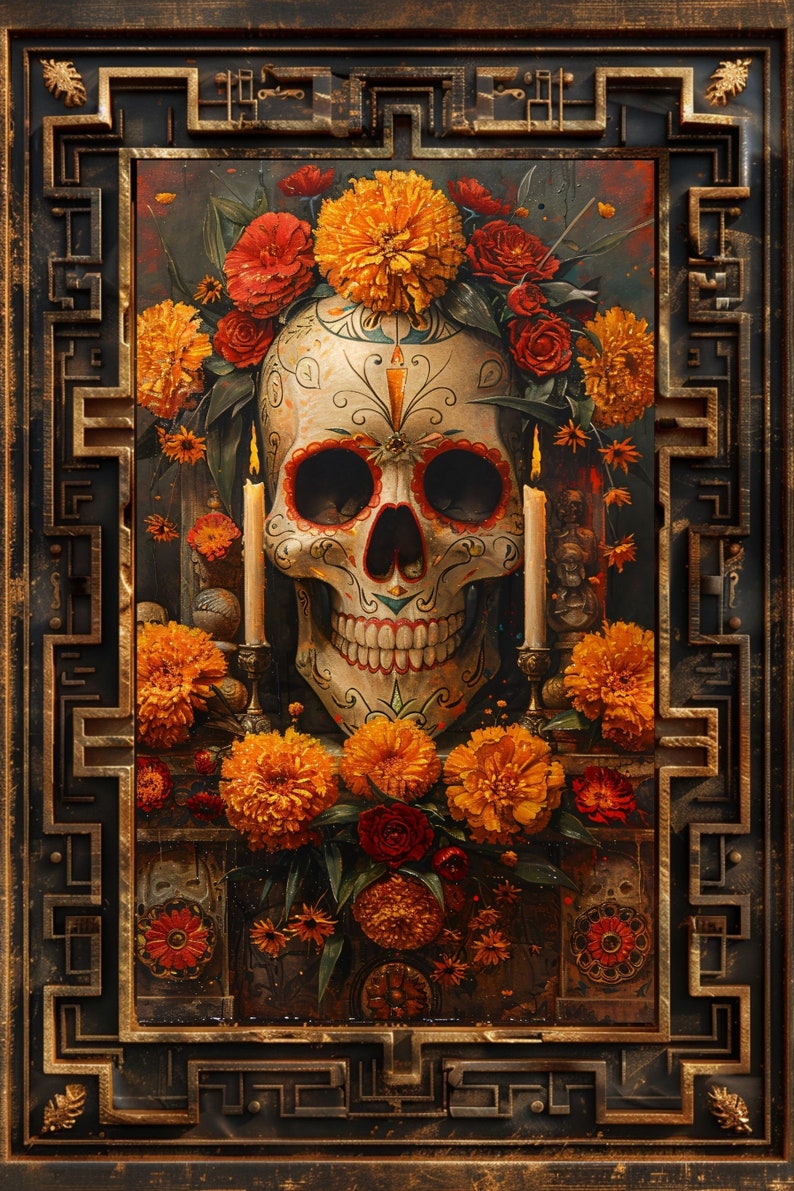 K&ouml;nnte beinhalten: Ein Kunstwerk zum Thema Tag der Toten mit einem verzierten Totenkopf, umgeben von orangefarbenen Ringelblumen und roten Rosen. Zwei brennende Kerzen flankieren den Totenkopf. Das Kunstwerk ist in einem dunklen, verzierten Rahmen.