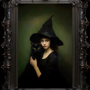 Witch and Black Cat Halloween Art Poster: Mystical Home Decor