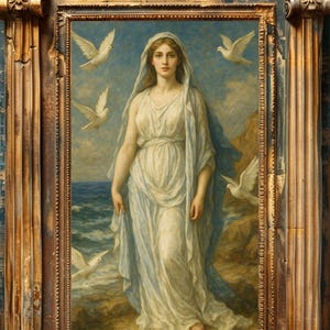 May include: A painting of a woman in a white robe standing on a rocky shore with a blue sky and sea in the background.  She is surrounded by white doves.