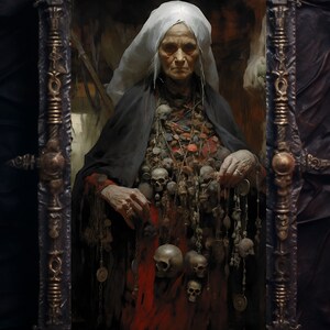 May include: A woman wearing a white head covering and a black robe is adorned with a large amount of jewelry, including skulls and other charms. The woman is standing in a dark, ornate frame.