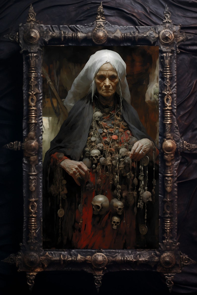 May include: A woman wearing a white head covering and a black robe is adorned with a large amount of jewelry, including skulls and other charms. The woman is standing in a dark, ornate frame.