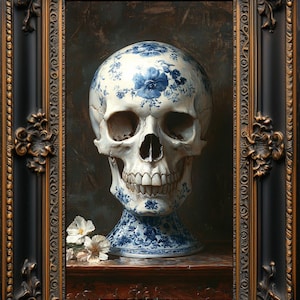 May include: A human skull painted in a blue and white porcelain design, resembling a decorative vase. The skull is displayed on a wooden surface with white flowers.