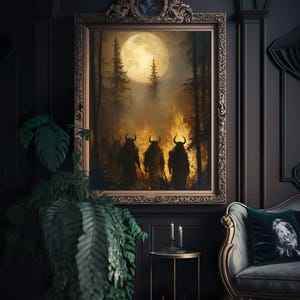 May include: A framed painting of a dark forest scene with a full moon and four figures with horns and glowing eyes walking through the woods.