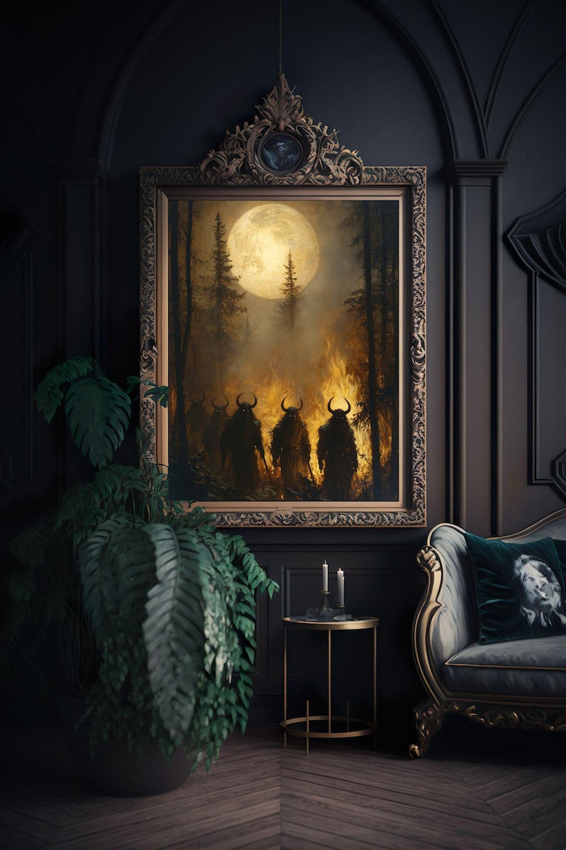 May include: A framed painting of a dark forest scene with a full moon and four figures with horns and glowing eyes walking through the woods.