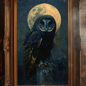 May include: A framed painting of a barn owl perched on a wooden post, with a large, full moon in the background. The owl is rendered in shades of blue and black, with a detailed depiction of its feathers. The moon is a pale yellow, and the background is a dark blue.
