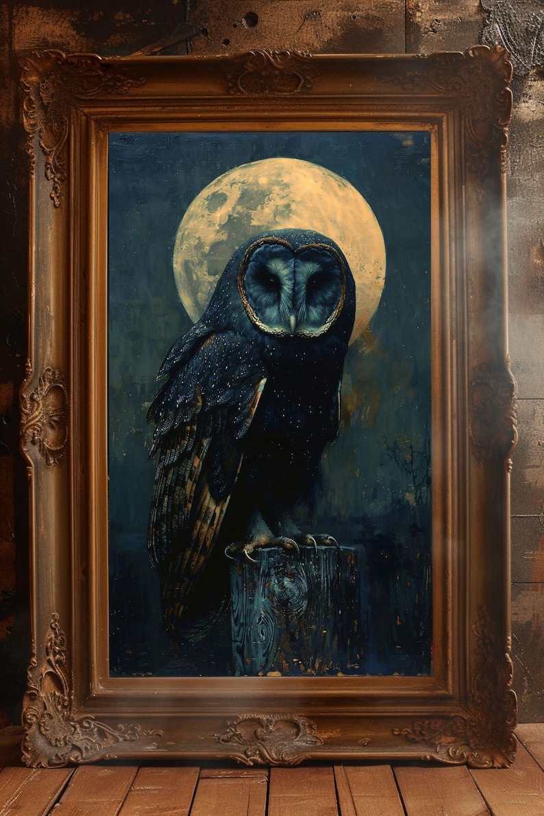 May include: A framed painting of a barn owl perched on a wooden post, with a large, full moon in the background. The owl is rendered in shades of blue and black, with a detailed depiction of its feathers. The moon is a pale yellow, and the background is a dark blue.