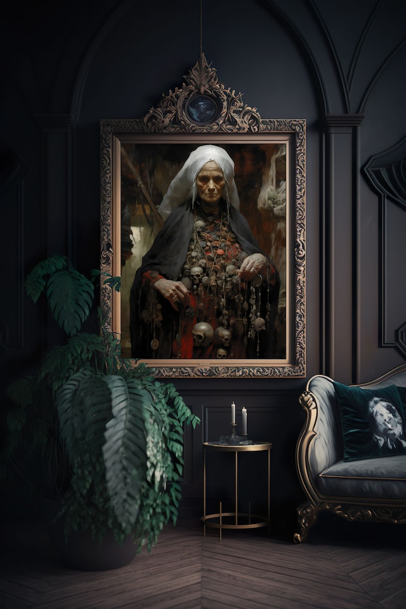May include: A framed oil painting of an elderly woman wearing a white head covering and a dark robe. She is holding a string of skulls in her hands. The painting is set against a dark background.