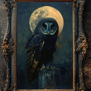 May include: A framed painting of a barn owl perched on a wooden post, with a full moon in the background. The owl is black with white markings and a dark blue background. The moon is yellow with a textured surface.