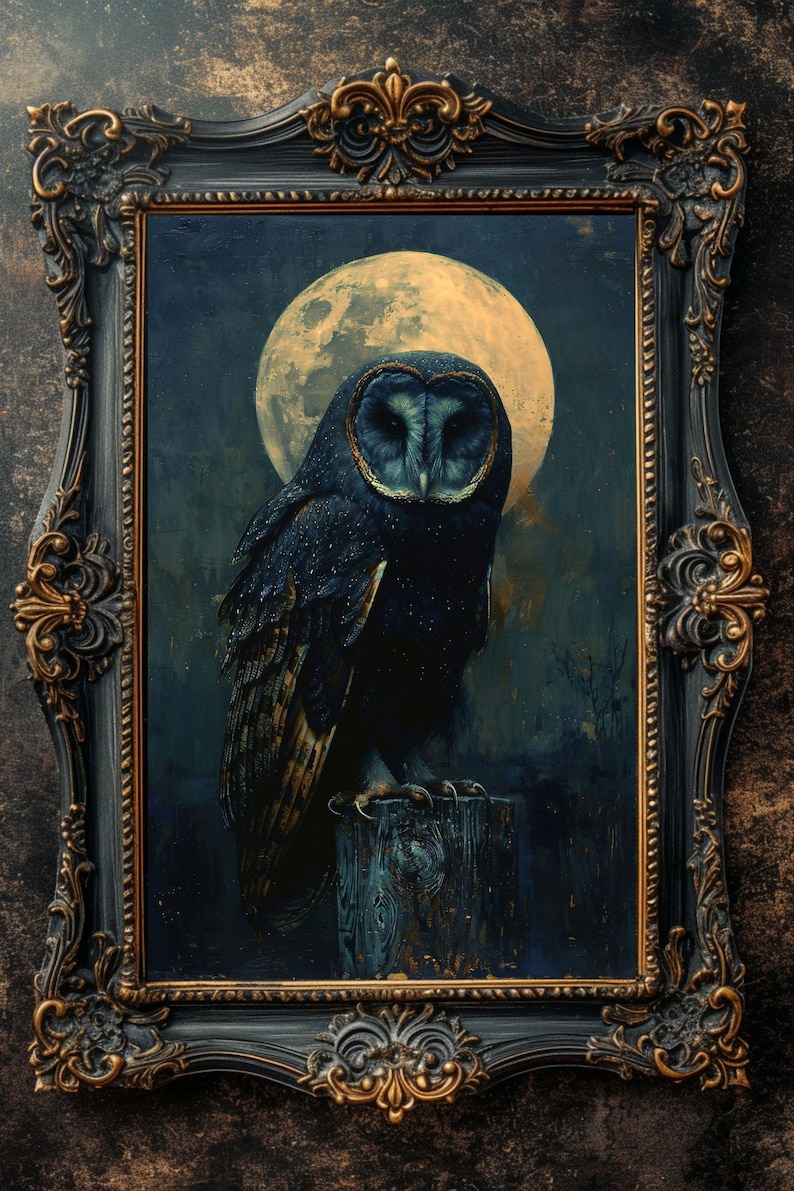 May include: A framed painting of a barn owl perched on a wooden post, with a full moon in the background. The owl is black with white markings and a dark blue background. The moon is yellow with a textured surface.