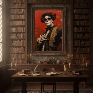 May include: A library interior with a framed portrait of a person in Day of the Dead makeup. The room has bookshelves, a wooden desk, and lit candles, creating a gothic atmosphere. The portrait is set against a red background.
