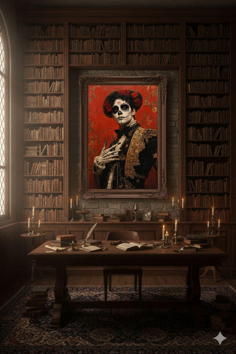 May include: A library interior with a framed portrait of a person in Day of the Dead makeup. The room has bookshelves, a wooden desk, and lit candles, creating a gothic atmosphere. The portrait is set against a red background.