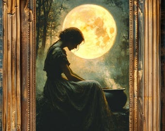 May include: A woman in a long, dark dress sits by a cauldron under a large, full moon. The scene is painted in a dark, romantic style.