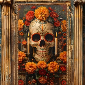 K&ouml;nnte beinhalten: Gerahmtes Kunstwerk mit einem verzierten Totenkopf, umgeben von orangefarbenen Ringelblumen und roten Rosen. Zwei brennende Kerzen flankieren den Sch&auml;del. Das Kunstwerk ist in einem verzierten, goldfarbenen Rahmen gehalten, der an den Tag der Toten erinnert.