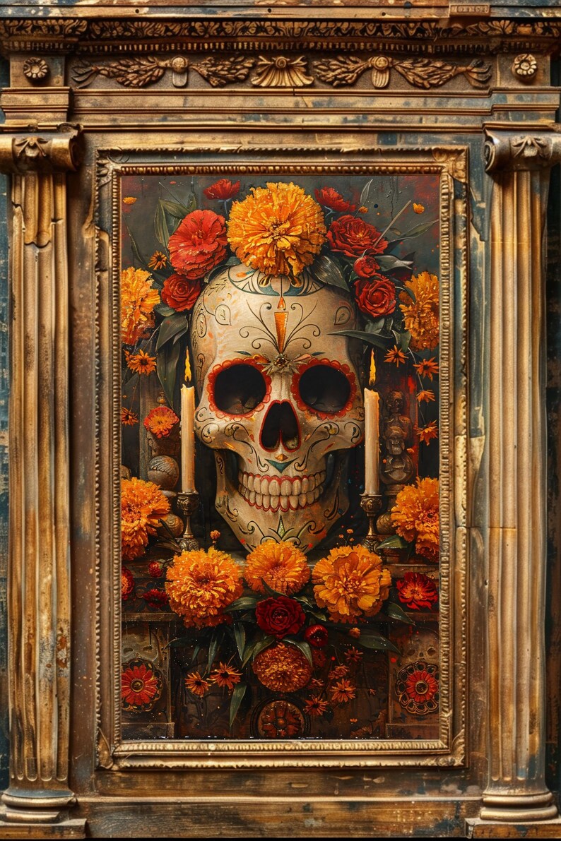 K&ouml;nnte beinhalten: Gerahmtes Kunstwerk mit einem verzierten Totenkopf, umgeben von orangefarbenen Ringelblumen und roten Rosen. Zwei brennende Kerzen flankieren den Sch&auml;del. Das Kunstwerk ist in einem verzierten, goldfarbenen Rahmen gehalten, der an den Tag der Toten erinnert.