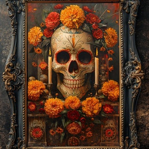K&ouml;nnte beinhalten: Gerahmter Kunstdruck mit einem Totenkopf zum Tag der Toten, verziert mit floralen Mustern und umgeben von orangefarbenen Ringelblumen und roten Rosen. Zwei Kerzen flankieren den Sch&auml;del. Der verzierte Rahmen ist dunkel mit goldenen Akzenten.