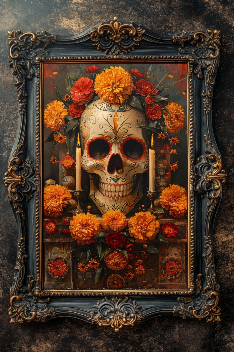 K&ouml;nnte beinhalten: Gerahmter Kunstdruck mit einem Totenkopf zum Tag der Toten, verziert mit floralen Mustern und umgeben von orangefarbenen Ringelblumen und roten Rosen. Zwei Kerzen flankieren den Sch&auml;del. Der verzierte Rahmen ist dunkel mit goldenen Akzenten.