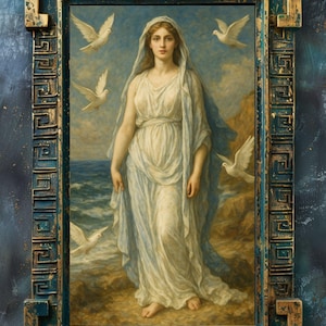 May include: A framed painting of a woman in a white robe standing on a beach with doves flying around her. The painting is set against a blue and gold background.