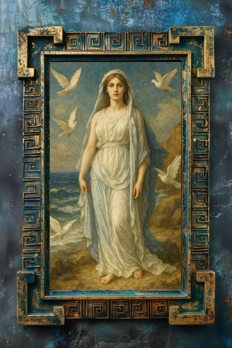 May include: A framed painting of a woman in a white robe standing on a beach with doves flying around her. The painting is set against a blue and gold background.
