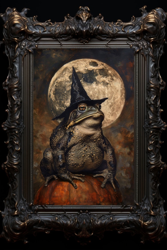 Halloween Toad Art Print, Witch Frog Familiar on Pumpkin