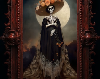 La Catrina Calavera Digital Art Print Poster Day of the Dead Dia De Los Muertos Skeleton Sugar Skull Marigold Mexico Halloween Samhain